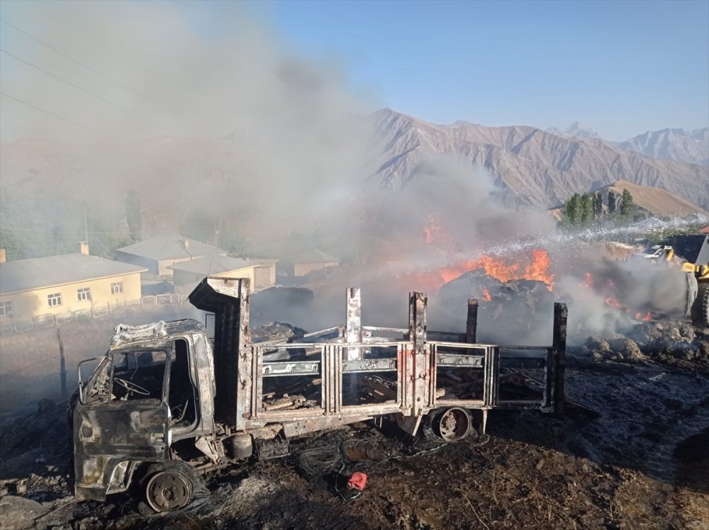 Hakkari'de çıkan yangında kamyonet ve 600 bağ ot yandı